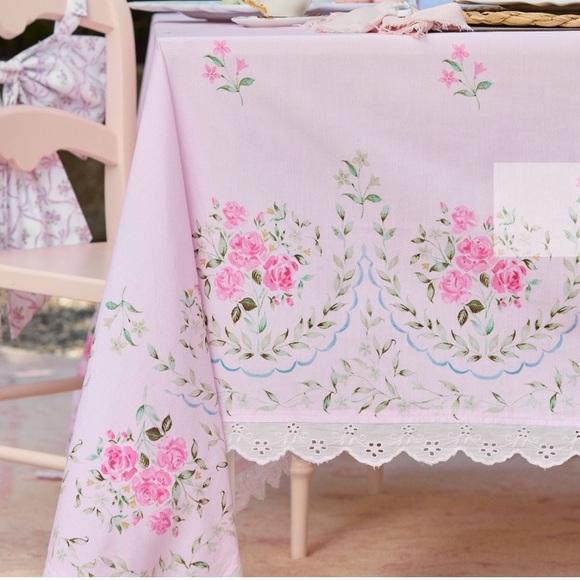 LoveShackFancy & Pottery Barn Pink  Floral Tablecloth – 70” x 90” – 100% Cotton - Picture 2 of 9